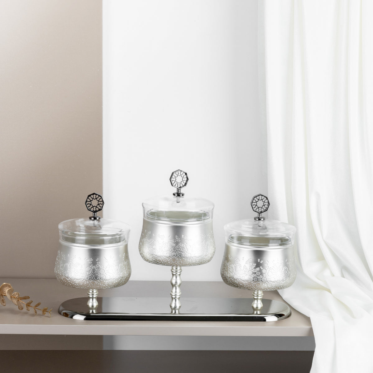 Nut Serving Set with Lidded Jars and Stand – Otantik, Set of 3