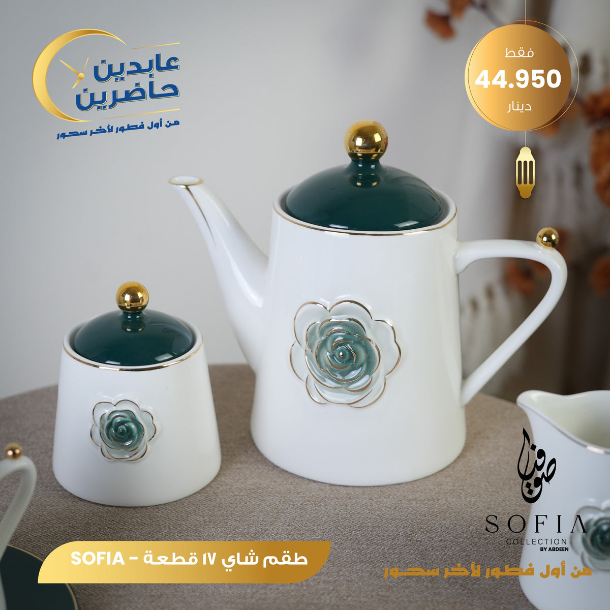 Porcelain Tea Set 17-Piece with Rose Motif — Sofia Collection