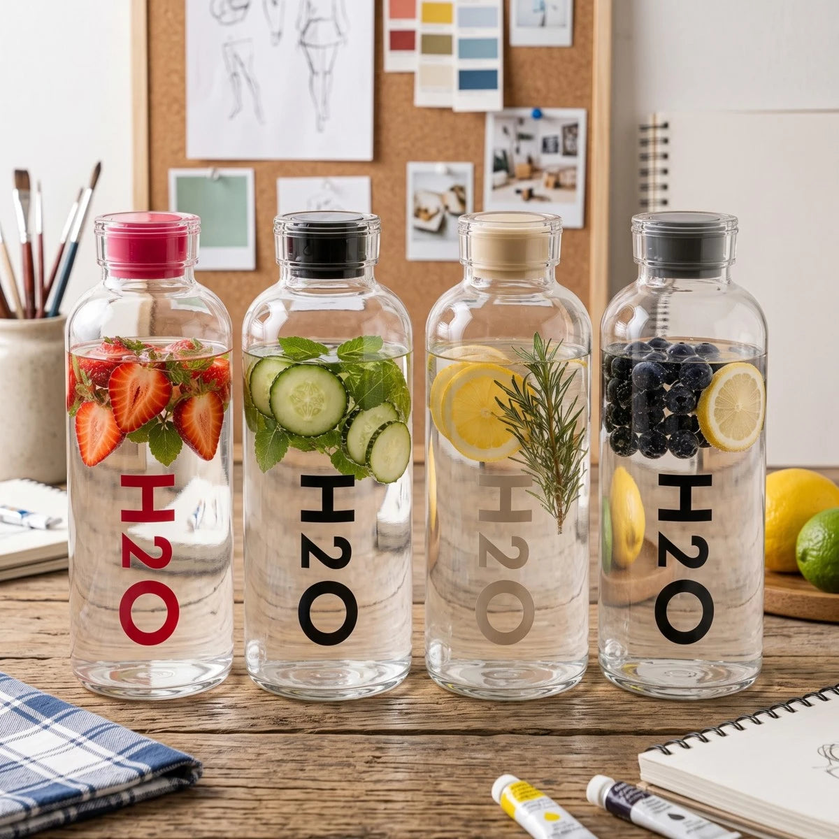 زجاجة ماء زجاجية شفافة H2O
