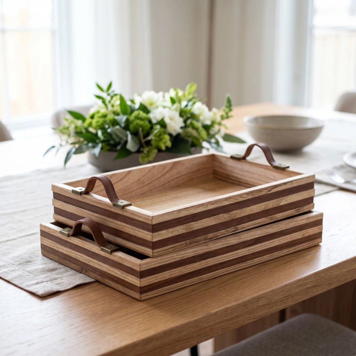 طقم صواني خشب 3 قطع بمقابض جلدية